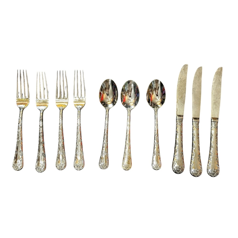 WM Rogers & Son Silver Plate Flatware 10pc Set Enchanted Rose‎ Floral Art Deco